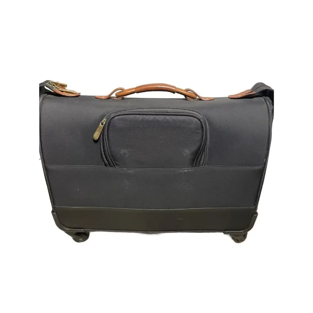 Hartmann Black Rolling Garment Bag w/Tan Leather Trim & Gold Satin Interior